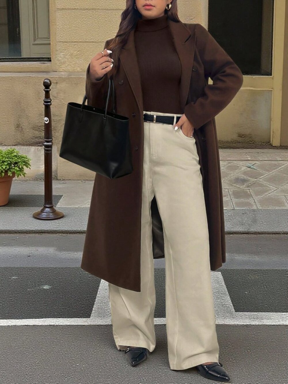 Coffee Brown Casual Women's Regular Fit Lapel Button Pocket Midi Long Jacket - Picture 6 of 6